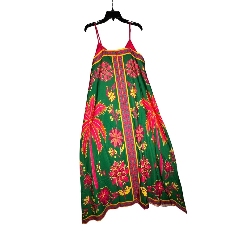 Tropical Green Pink Floral Palm Print Maxi Dress Handkerchief Hem Large - Picture 6 of 10